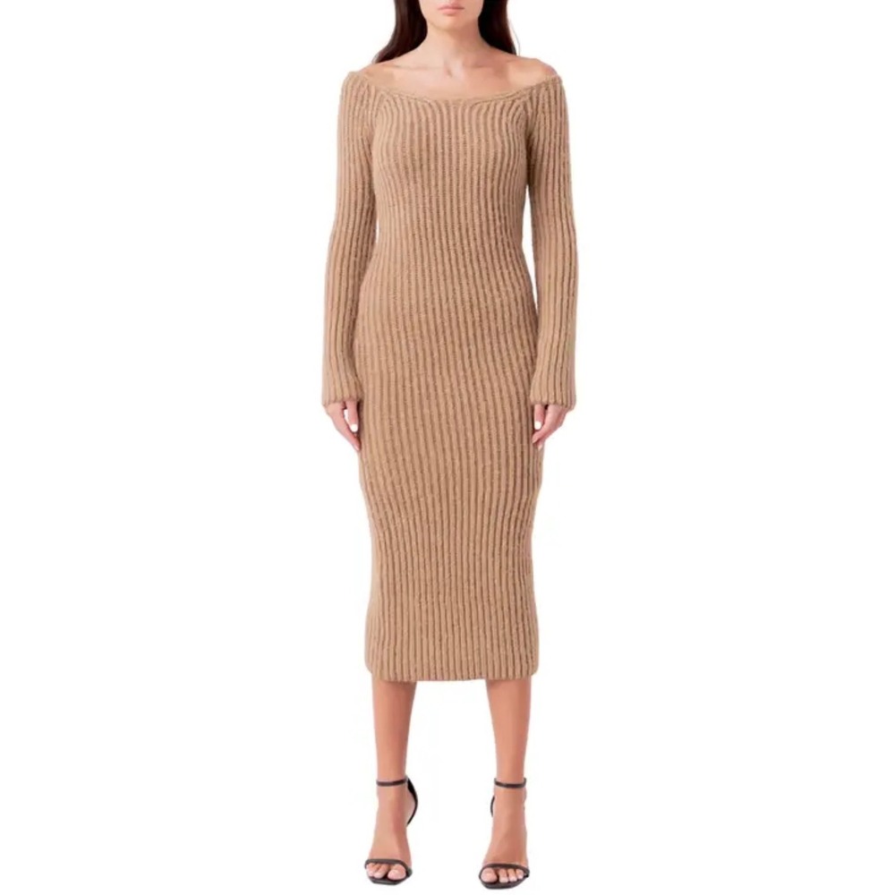 Endless Rose Long Sleeve Off the Shoulder Rib Midi Sweater Dress NWT Size Medium